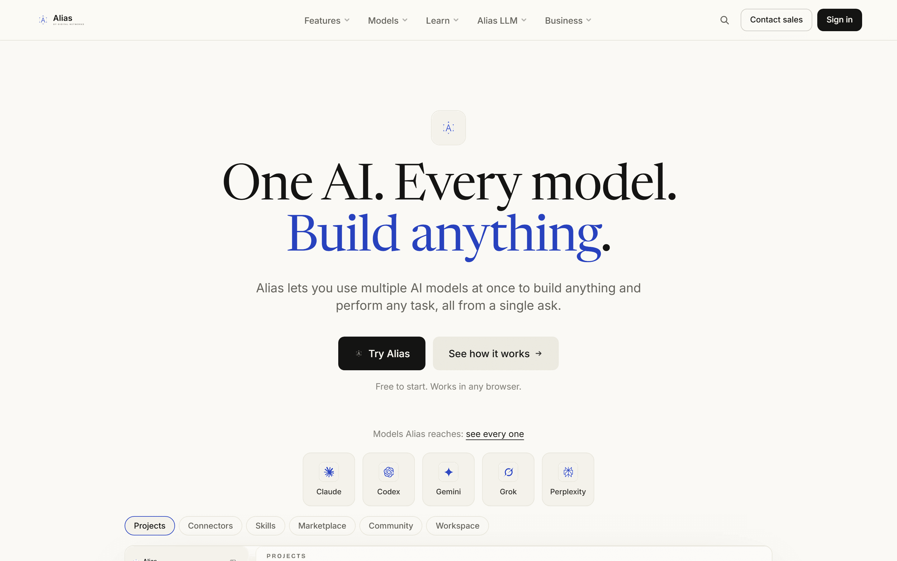 The live Alias product page: the headline 'One AI. Every model. Build anything.' above the model providers Alias reaches and its Projects, Connectors, Skills, Marketplace, Community and Workspace surfaces.