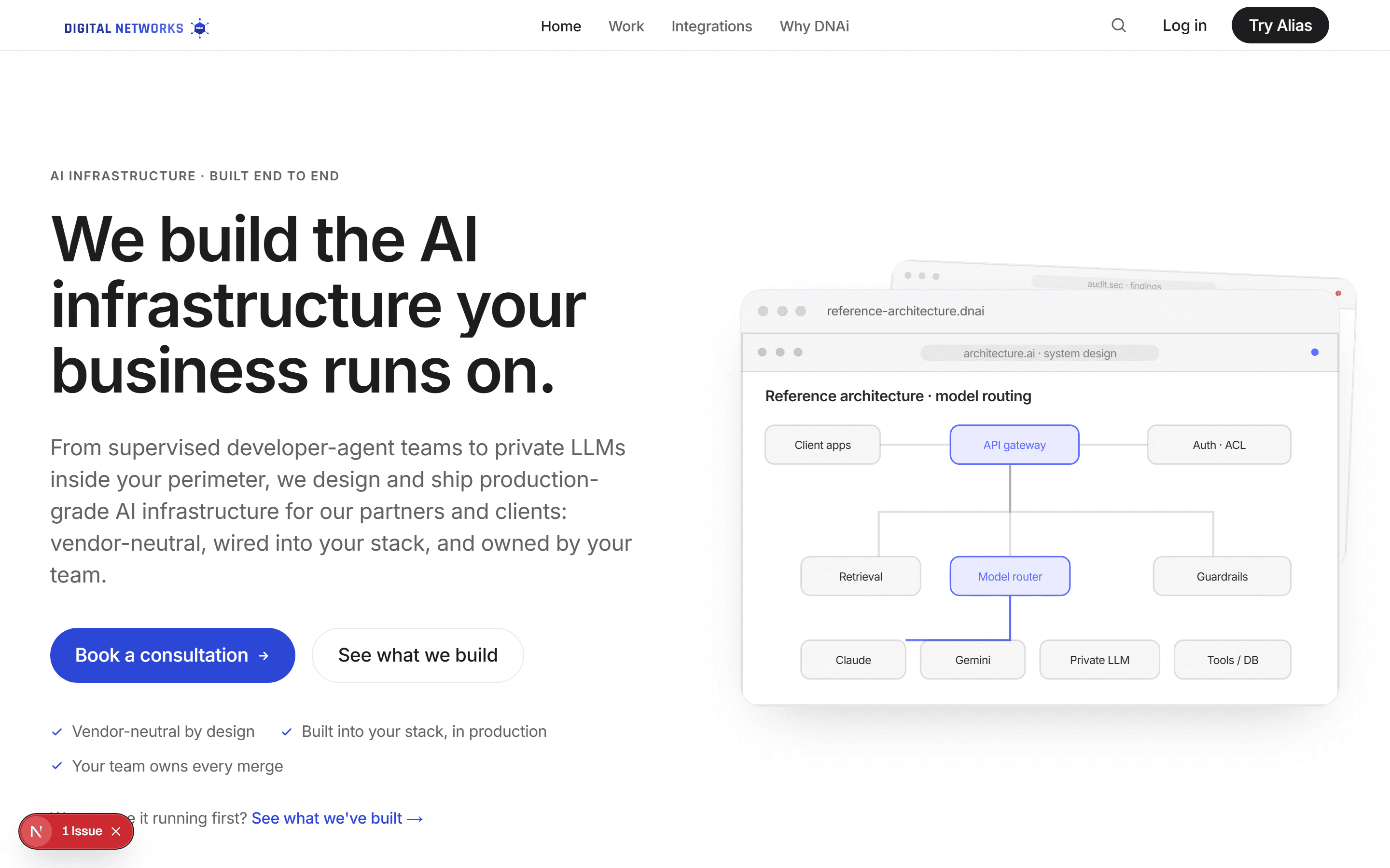 The digitalnetworks.ai homepage: the infrastructure hero above the flagship build sections.